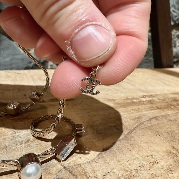 Chanel 22C Champagne Gold Crystals Pearls CC Chain Drop Necklace - Picture 8 of 11